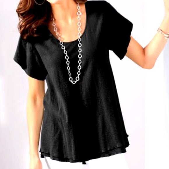 Soft Surroundings M Black Jacinda BOHO Layer Gauze Top Split Flutter Sleeve 34E - Picture 1 of 9